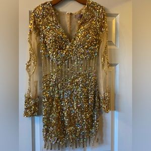 Jovani long sleeve gold tone crystals v- neck mini dress in size 4. Stretchy